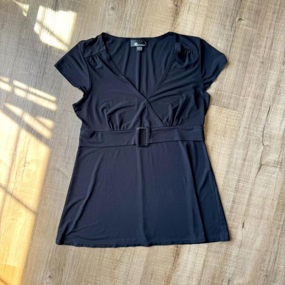 Y2K Black Blouse Women's Size Medium Belted Cap Sleeve AB Studios Office Hipster